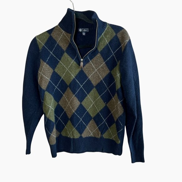 J. Crew 100% Lambswool Blue Green Argyle Henley Sweater Size Medium - Picture 1 of 8